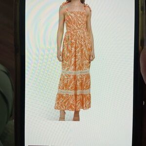 Smocked Orange Leaf-Print Maxi Dress with Crochet Trim